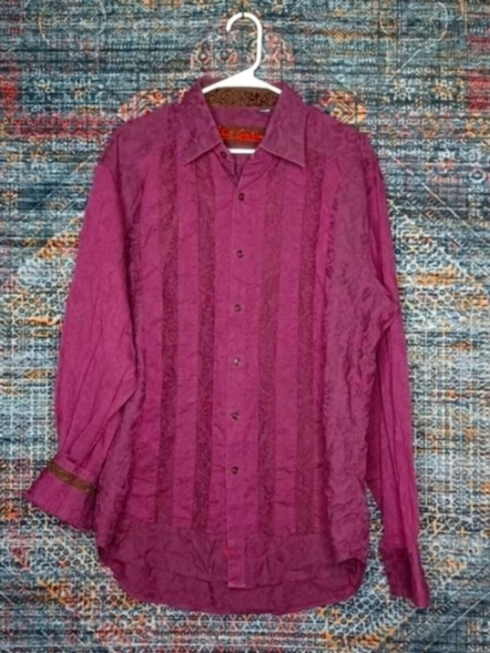 Robert Graham mens sangria berry floral paisley embossed striped shirt XL EUC